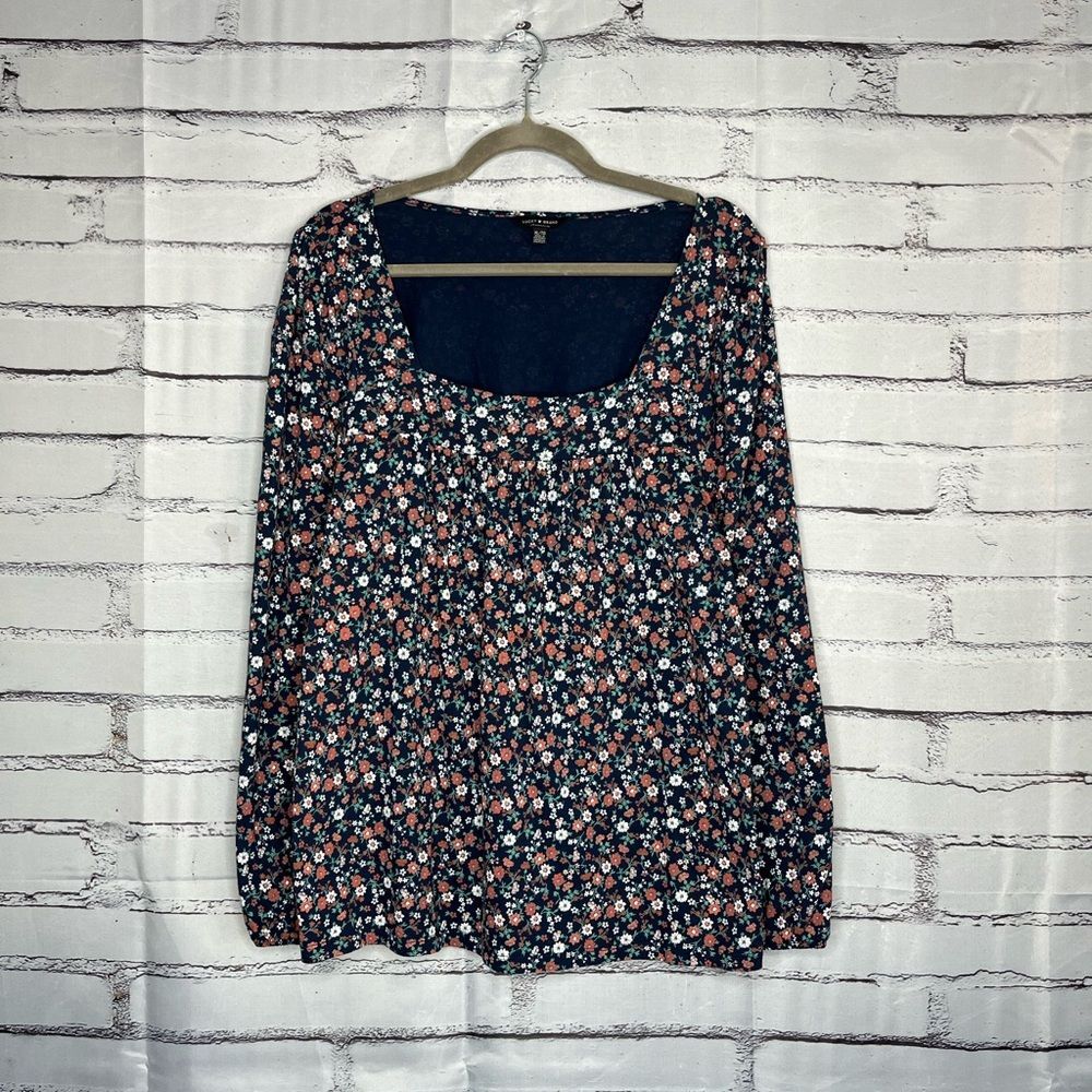 Lucky Brand Navy Orange Floral Blouse XL Cottagecore Boho Streetwear Top Wide
